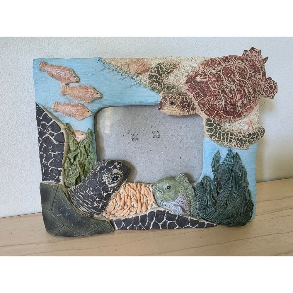 Sea Turtle Ocean Life 3D Resin Picture Frame 3.5x5 Coastal Beach Decor Blue